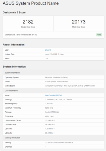 Geekbench上的英特尔酷睿i9-12900KS。(来源：Geekbench)