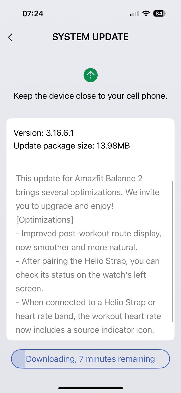 Amazfit Balance 2 智能手表 3.16.6.1 版本的发布说明。(图片来源：u/FinishDue3792 via Reddit）
