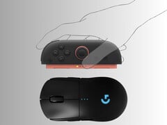 图为游戏鼠标上方的 Switch 2 Joy-Cons （图片来源：任天堂美国公司、罗技公司，有编辑）