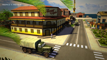 一张展示《Tropico 5》中一栋建筑和一辆汽车的图片。