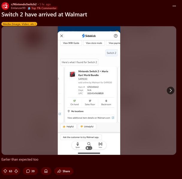 任天堂 Switch 2 沃尔玛库存水平（图片来源：Nintendo Switch 2 subreddit）