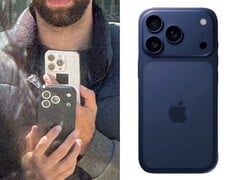 并排对比显示公开拍摄的所谓 iPhone 17 Pro 测试机（左）和装在蓝色开发箱中的同款原型机特写（右），后者采用了新的后置摄像头布局。(@Skyfops on X ，原 Twitter）