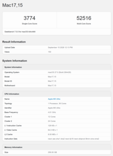 Apple M5 在 Geekbench 7 中的得分