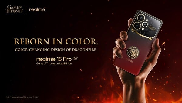 当温度升高时，Realme 15 Pro 权力的游戏限量版会由黑色变为红色。(图片来源：Realme）