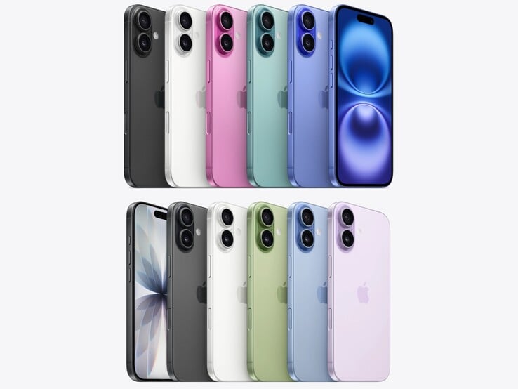 iPhone 16（上）和 iPhone 17（下）配色。(图片来源：Apple 编辑）