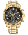 Citizen Classic Eco-Drive 计时码表，配有黑色表盘、金色调 44 毫米不锈钢表壳和表链、固定式 60 分钟表圈、三个小表盘以及日期窗口。
