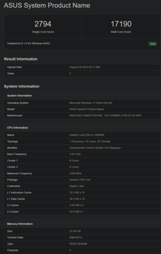 英特尔酷睿 i5-14600KF Geekbench 跑分（图片来自 Geekbench）