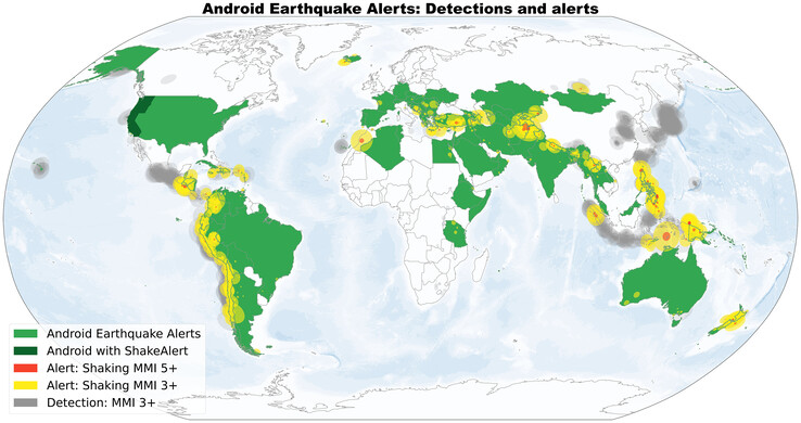 描绘Android 地震警报系统目前正在运行的国家的地图。(图片来源：科学/谷歌）