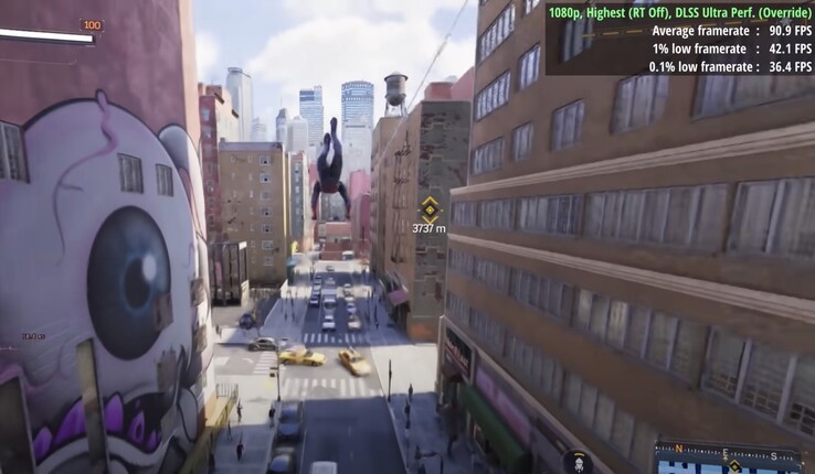 最高设置，RT 关闭，DLSS 4 "超性能"：使用 RTX 4060 时为 90 FPS。(图片来源：RandomGamingHD）