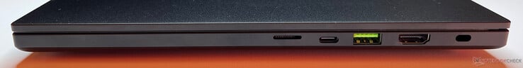 右侧：microSD 读卡器、USB-A 3.2 Gen.2（10 Gbps）、USB-C 4.0（40 Gbps、DisplayPort 2.1、Power Delivery）、HDMI 2.1、Kensington 安全插槽