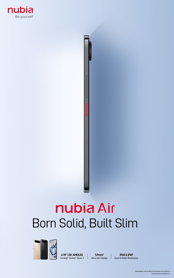 泄露的宣传图片称努比亚 Air 的厚度仅为 5.9 毫米，但在脚注中有一个重要的说明。