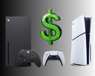 带有美元符号的 Xbox 和 PlayStation 游戏机（图片来源：Microsoft Xbox Gaming，Sony PlayStation 有删改）