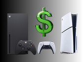 带有美元符号的 Xbox 和 PlayStation 游戏机（图片来源：Microsoft Xbox Gaming，Sony PlayStation 有删改）