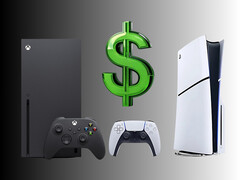 带有美元符号的 Xbox 和 PlayStation 游戏机（图片来源：Microsoft Xbox Gaming，Sony PlayStation 有删改）
