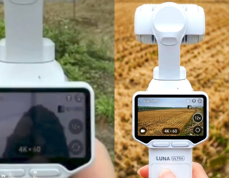 Insta360 Luna Ultra 的泄露（左）与经人工智能编辑（右）的实时视频，确认 12 倍变焦。