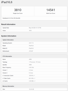 Apple Geekbench 上的 M4 CPU 性能（图片来自 Geekbench）