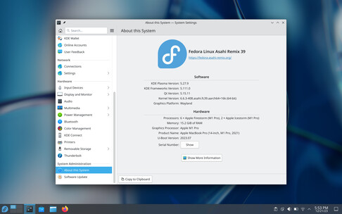 Fedora 39 Asahi Remix 的 KDE Plasma 桌面（图片：Asahi 博客）。