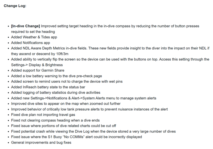 Garmin Descent X50i 系统软件 4.05 的更改日志。(图片来源：Garmin）