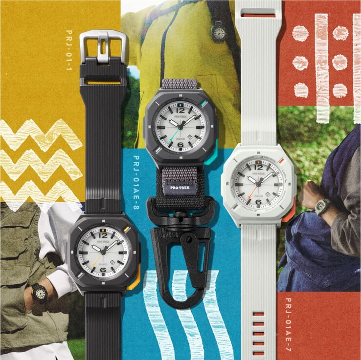 卡西欧 Pro Trek PRJ-01-1J、PRJ-01AE-8J 以及 PRJ-01AE-7J（从左至右）
