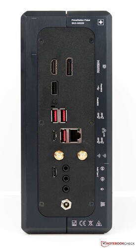 背面：HDMI、DisplayPort、1个USB 2.0 Type-A、3x USB 3.2 Type-A、1个USB 3.2 Type-C、1个音频USB Type-C、2个线路输入、1个线路输出、WLAN天线、电源连接