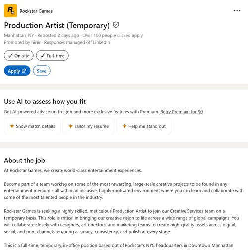 LinkedIn 上显示的 Rockstar Games 制作艺术家招聘广告