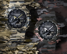 从左到右：迷彩背景下的卡西欧 G-Shock GA-2100CM-5A 和 GA-2100CM-8A。