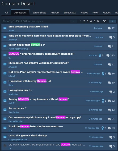 在 Steam 论坛显示的深红沙漠 Denuvo 投诉