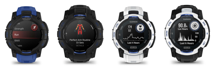 从左至右：Garmin Instinct 3 45 毫米 AMOLED、50 毫米 AMOLED、45 毫米 Solar 和 50 毫米 Solar Supernova 系列手表。(图片来源：Garmin，已编辑）