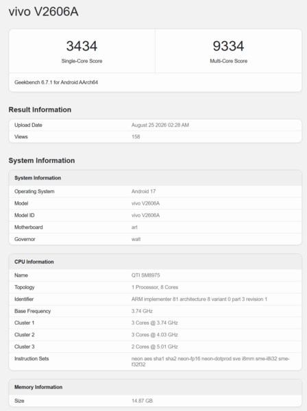 骁龙 8 Elite Extreme Gen 6 在 Geekbench 上的条目