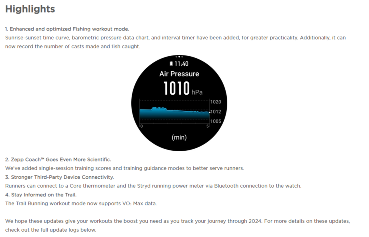 Amazfit Falcon 和 T-Rex Ultra 智能手表更新的更改日志。(图片来源：Amazfit）