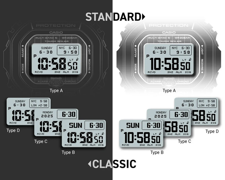 即将推出的卡西欧 G-Shock GW-BX5600 的各种显示屏设计的市场营销泄露图片。(图片来源：Reddit）