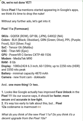 Pixel 11a 泄露的规格参数