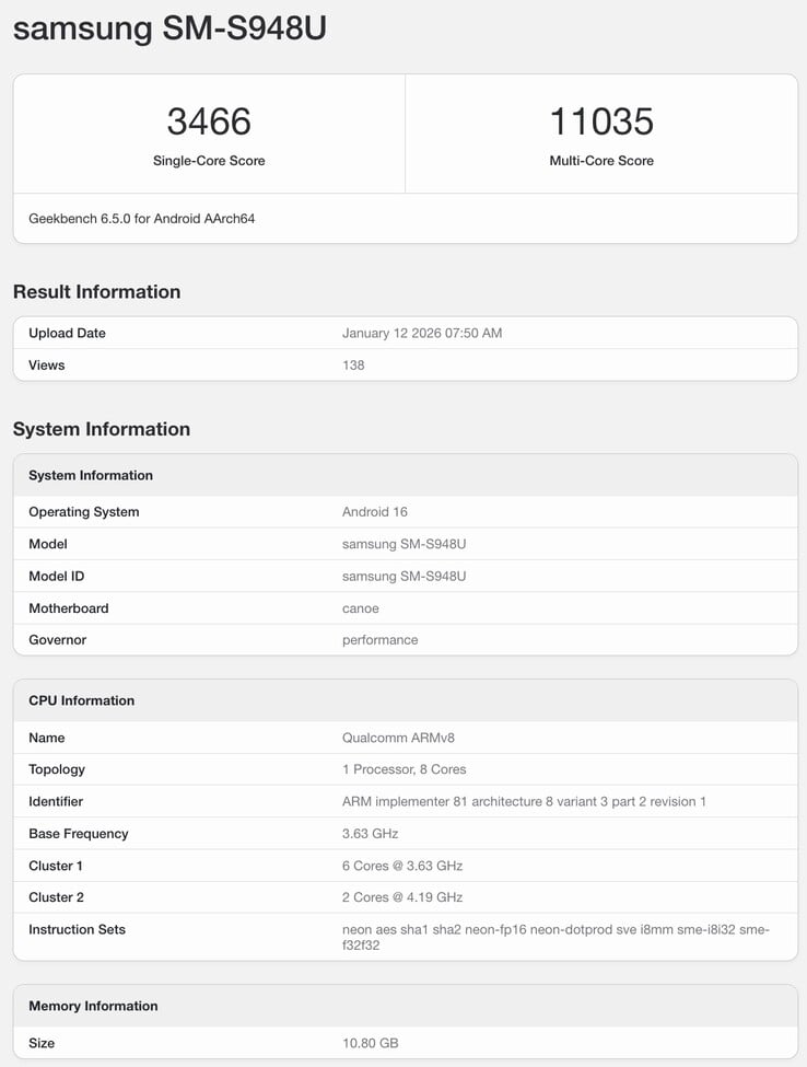 Galaxy S26 Ultra 的 Geekbench 列表。(图片来源：Geekbench）