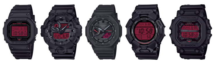 从左到右DW-5600BBR-1、GA-700BBR-1A、GA-B2100BBR-1A、GD-010BBR-1 和 GX-56BBR-1。(图片来源：卡西欧）