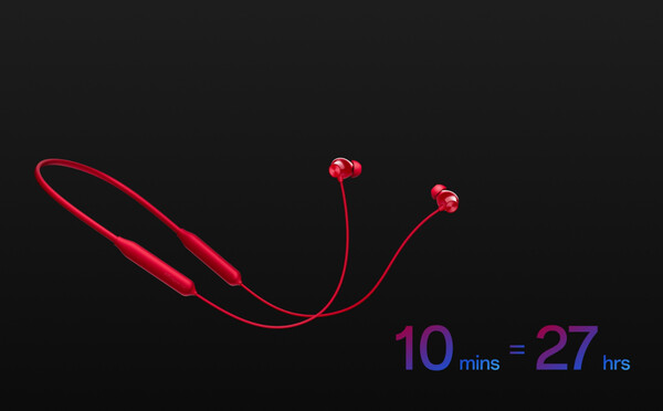OnePlus Bullets Wireless Z3 充电 10 分钟后可使用 27 小时。(图片来源：OnePlus）