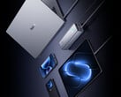 Power Bank Pro 25000 配备一根内置线缆、一个 USB-C 端口和一个 USB-A 端口。图中:移动电源与其他设备并排摆放。