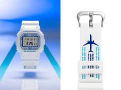 图：卡西欧 x ANA DW-5600 合作手表，以及带有航空主题细节的表带特写。(图片来源：@geesgshock on Instagram - 已编辑）