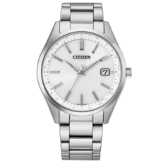Citizen CB0300-53A 电波校时 Eco-Drive 腕表,配有白色表盘、不锈钢表壳和表链、镶嵌式棒形时标,以及位于3点钟位置的日期窗。