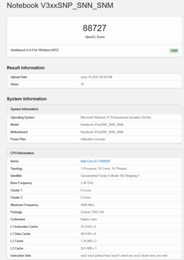 GeForce RTX 5050 笔记本电脑 Geekbench OpenCL（图片来源：Geekbench）