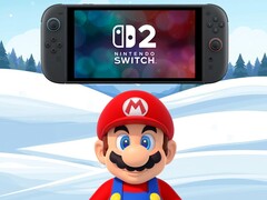马里奥站在冬季背景下的 Switch 2 下（图片来源：任天堂美国公司，有编辑）。