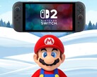 马里奥站在冬季背景下的 Switch 2 下(图片来源:任天堂美国公司,有编辑)。