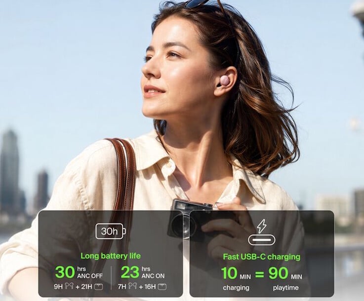 Belkin SoundForm Dot ANC 入耳式耳机配合充电盒使用，可提供长达数天的续航时间。