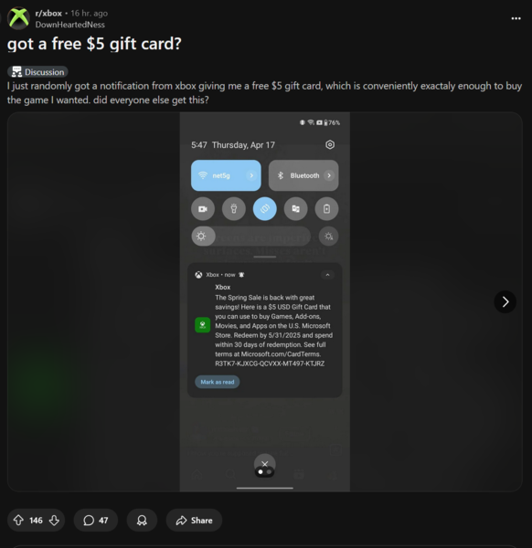 Xbox Reddit 上关于免费礼品卡代码的帖子（图片来源：截图，Xbox subreddit）