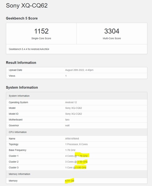 据称是索尼Xperia 5 IV的Geekbench记录。(图片来源：SmartphoneDigest)