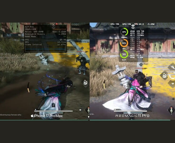 Where Winds Meet Mobile iPhone 17 Pro Max 与 RedMagic 11 Pro 的性能对比(图片来源:Dame Tech via YouTube)