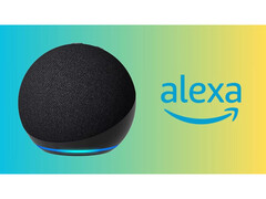 亚马逊 Echo 的宣传图片，背景为深渐变色，并带有 Alexa 人工智能助手的徽标。(图片来源：亚马逊）