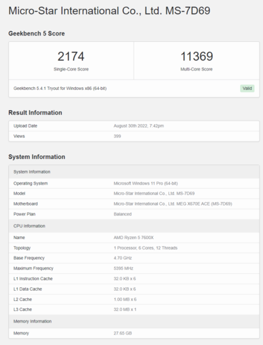 Geekbench上的AMD Ryzen 5 7600。(来源：Geekbench)