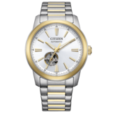 Citizen NH9154-51A 双色自动腕表,配有银色表盘、金色表圈及表链中段链节,6点钟位置上方设有镂空机芯展示窗。
