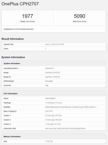 OnePlus Nord 5 Geekbench 列表（图片来源：Geekbench）