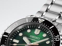 Seiko Marinemaster HBF003J1 特写,展示其绿色太阳放射纹表盘,